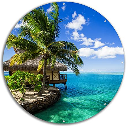 Wallario rundes Outdoor-Poster für Garten oder Balkon Karibisches Meer Einsame Hütte unter Palmen, Motivbanner 60 cm Durchmesser