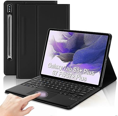 JADEMALL Custodia Tastiera con Trackpad per Samsung Galaxy Tab S7 FE/S7+ Plus/S8+ Plus 12.4 2022, Italiana QWERTY Tastiera Bluetooth Staccabile per Samsung Tab S8+/S7+ 12.4 Pollici, Nero