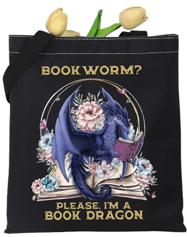KUIYAI Vintage Book Dragon Gift Please I'm A Book Dragon Canvas Tote Bag Book Lover Gift Shopping Bag Shoulder Bag Travel Bag, Buch Dragonuk, L, Vintage-Stil