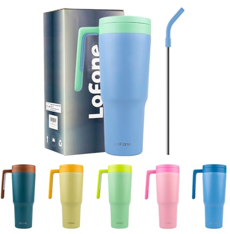 LoFone 1180 ML - 40 OZ Thermobecher aus Edelstahl，Kaffeebecher to Go, Trinkbecher mit Strohhalm, Henkel und Deckel, für Auto Büro heißen und kalten Kaffee Wasser und Tee(Himmelblau)