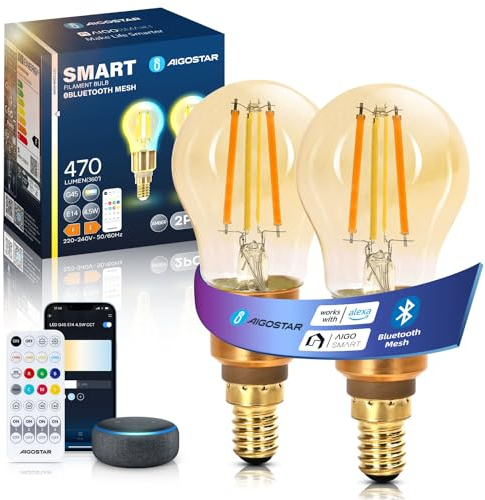 Aigostar Mesh - Alexa Smarte Glühbirne E14, Bluetooth Mesh G45, Alexa Lampe Vintage Edison LED 4.5W 470LM 2700K-6500K Dimmbar Glühbirne, Kompatibel mit Alexa/Google Home, 2 Stück(mit Fernbedienung)