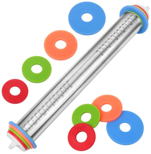 Adjustable Rolling Pin with Thickness Rings for Baking, Stainless Steel Desgins Dough Roller Pins for Cookie Decorating Baking Supplies Fondant Cake Baker Gift