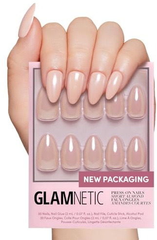 Glamnetic Press On Nails - Los Angeles | Solid Opaque Blush Nude Pink Short Almond Nails in Glazed Finish, Reusable | 15 Sizes - 30 Nail Kit