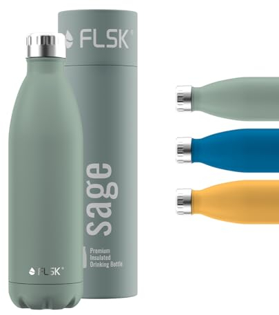 FLSK Trinkflasche I Premium Trinkflasche aus Edelstahl I 100% Auslaufsicher & Kohlensäure geeignet I Thermosflasche hält bis zu 24 Std. Kalt und 18 Std. Heiß (sage, 750 ml)