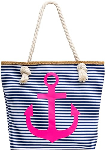 Caspar TS1040 Damen Strandtasche/Shopper mit Reißverschluss und maritimen Streifen Muster und ANKER Muster, Farbe:blau - pink, Größe:One Size
