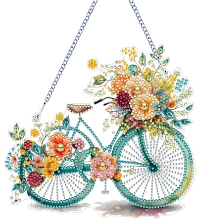 CXINLky DIY Diamond Painting Anhänger mit Kette, Diamant Painting Bilder, Kreatives 5D Diamond Malerei Wandbehang Kits für Fenster Wand Eingang Garten Decor-04-Fahrrad