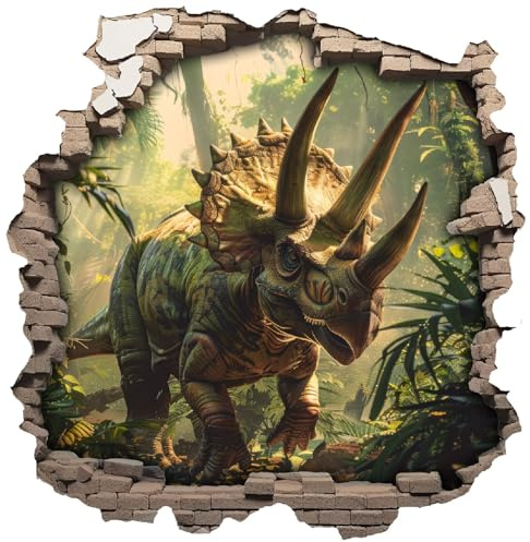 Samunshi® Wandaufkleber Wandriss mit Dino Triceratops Dinosaurier Wandsticker Fenster in andere Welt Portal für Kinderzimmer Aufkleber Küche Wallart 50x50cm