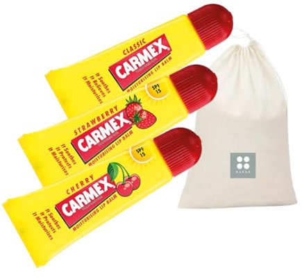 Lip Care Balm Multipack Set for Repair and Relief with Carmex Tube Lip Balm 10g - Classic, Strawberry and Cherry Bundled with SAESR Handy Carry Pouch.