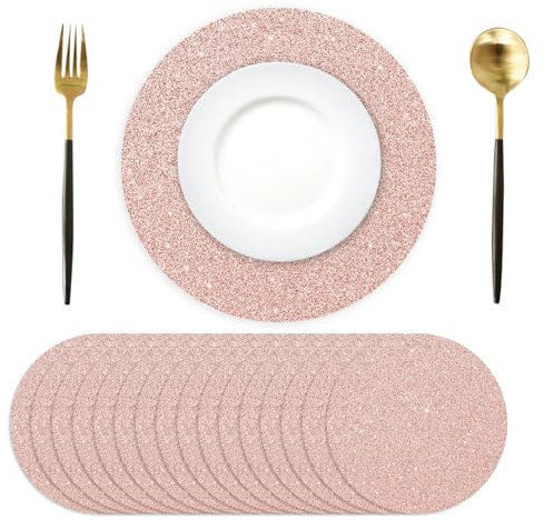 50 Stück rotgoldene Papier-Tischsets, Einweg-Tischsets, 34 cm, rund, Glitzer-Papier, roségold, dekorativ, glänzend, Tischmatten für Geburtstag, Hochzeit, Urlaub, Party, glitzernde Tischdekoration