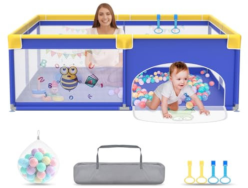 UISEBRT Laufstall Baby 180x200cmLaufgitter für Baby mit 50 Ocean Bällen & 4 Zugringen & Tragetasche, Faltbar Laufgitterzelt mit Atmungsaktivem Netz für Kinder, Blau mit Tiermotiven