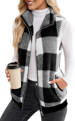 Adigau Damen Weste Fleece mit Reissverschluss Taschen Stehkragen Fleeceweste Ärmellos Jacke für Frauen Karo Warm Klassisch Basic für Arbeit Abhängen Outdoor Schwarz XXL