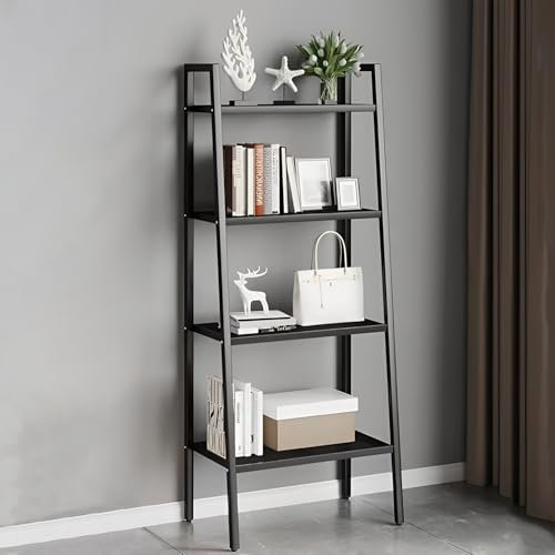 4 Tier Book Shelf,Metal Ladder Shelf Tall Bookcase Free Standing,Ladder Shelving Unit Large Bookshelf Plant Display Unit Storage Rack for Living Room,Bedroom,Kitchen,Office,Bathroom,Balcony (Black)