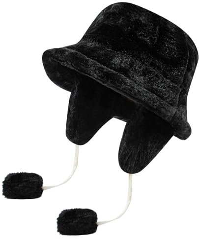 CLAPE Kunstfell Fischerhut mit Ohrenklappen Warm Winter Bucket Hat Pelzig Eimer Hut Faltbar Anglerhut Breite Krempe Wintermütze für Damen Herren