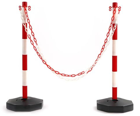 Wiltec Paletti con catena bianchi e rossi, 80x28x28cm, Delimitatori parcheggio, Colonnine segnapercorso