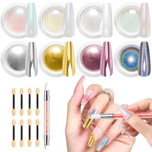 Gold Chrome Nail Powder LEDSUUEI - Super Spiegeleffekt Metal Cromepulver Nägel, Neon Pearl Effect Weiße Chromfarbener Nagelpuder Glazed Donut mit Silikon-Nagelbürste Einfach Verwendung Nail Art DIY