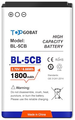 TOPGOBA BL-5CB Akku,1800mAh Akku mit hoher Kapazität kompatibel für Nokia 100,101,103,111,113,1280,1616,1800,C1–01,C1–02,C2–01,C2–02,C2–03,C2–06,X2–01,X2–05 (ohne Displayputztuch)