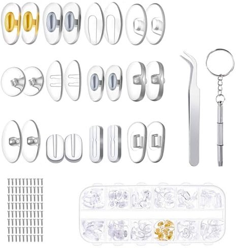 glass Repair Kit - 12 Styles - 60 Pairs Silicone Nose Pads - Glasses Screws Set with Nuts, Tweezers and Mini Screwdriver for Eyeglasses and Sunglasses