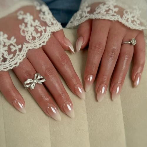Chrome Ombre French False Nails Almond, SXVME French Press On Nails Short, Gradient Brown Glazed Gel Fake Nails Press on, Glitter Acrylic Nails Short, Natural Fit Stick on Nails for Women Daily Wear