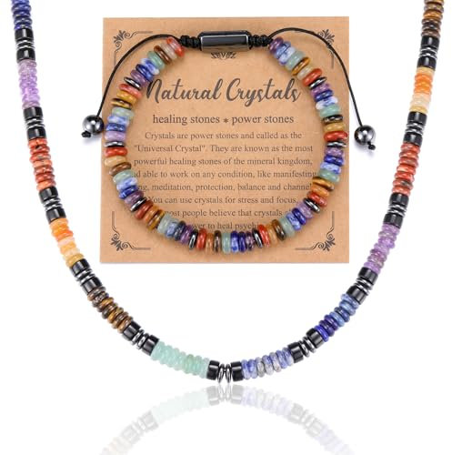 JSDDE 7 Chakra Perlenkette mit Chakra Armband Set KeHeilsteine Chakra Kette Natürliche Edelstein Armband Damen Männer Kette Amulett Spirituelle Geschenk