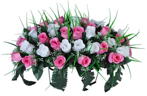 Frühlingsgesteck künstlich für Grab Friedhof Gedenkstätten, grabgestecke künstlich, grabgestecke für urnengrab, Frühlingsblumen Grabgesteck künstlich mit Rosa (Weiß+Rosa)