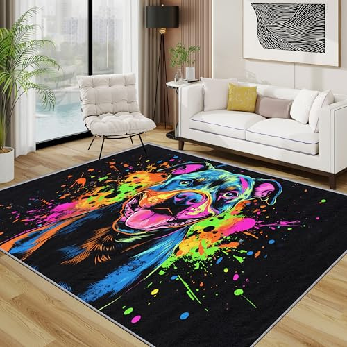Generisch Pitbull Teppich Waschbar, Bunt Hunde Haustier Teppich 80x150 cm, Art Splash rutschfest Waschbar Pflegeleicht Teppiche Für Schlafzimmer Küche, Schwarz Blau Rosa