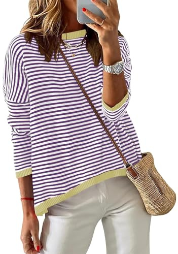 Cuptacc Pullover Damen Elegant Gestreifts Sweatshirt Rundhals Casual | Baumwolle,Rundhals,Gestreifts,Atmungsaktiv,Lässig Bequem,Weich Hautfreundlich,Locker,Alltag
