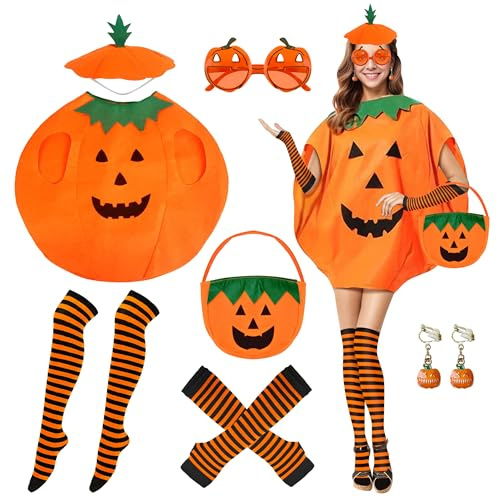 Creerluces Costume de citrouille d'Halloween pour adultes et femmes avec chaussettes, boucles d'oreilles, lunettes, sac pour femme adulte