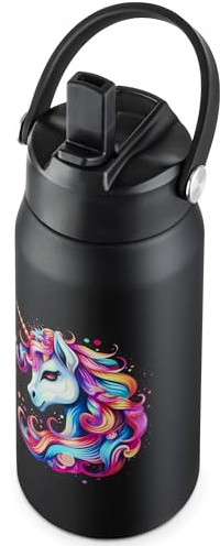 OLDLEY kids Water Bottle - 18oz Insulated Stainless Steel - Wide Straw Lid, Non Spill, Leakproof, Kids Water Bottle for School,Black Unicorn