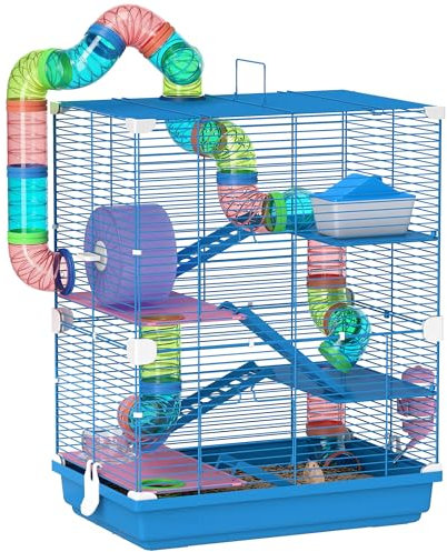 PawHut Jaula para Hámster Casa para Animales Pequeños con Túnel Plataformas Cuenco Bebedero Casita Rampas y Rueda de Ejercicio 46x30x58cm Azul
