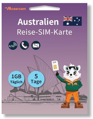 Australien Tourist SIM – 1 GB unbegrenztes Highspeed-Datenvolumen – 5 Tage gültig – Prepaid, Keine zusätzlichen Gebühren – Funktioniert mit entsperrten Telefonen und Hotspots