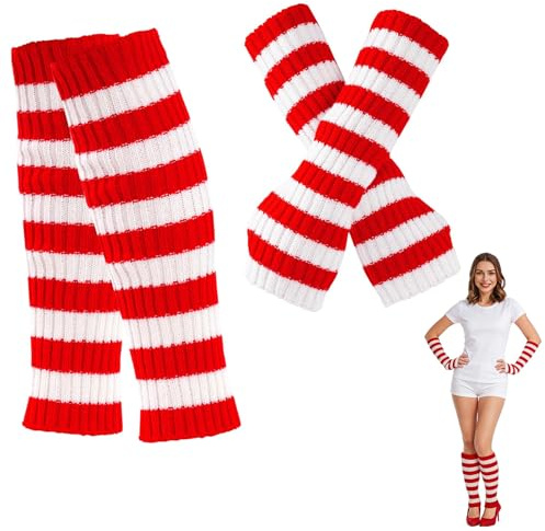 KniestrüMpfe Weiß-rote Anzug, Overknee Strümpfe Mädchen Regenbogen Oberschenkel Hohe Socken Rot, Regenbogen-Stulpen-Set mit Streifenmuster – farbenfrohe Accessoires für Partys, Weihnachten Neujahr