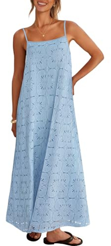 MEROKEETY Women's Summer Spaghetti Straps Sundress 2026 Casual Sleeveless Floral Lace Eyelet Boho Beach Maxi Dress, Blue, Large