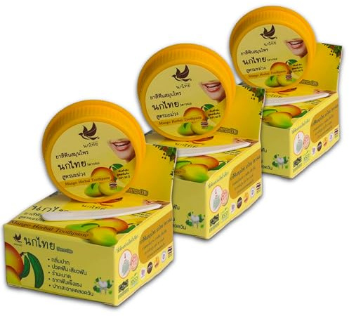 NOKTHAI Mango Whitening-Zahnpasta Set 3x25g – Konzentrierte Thai Kräuter-Zahncreme ohne Fluorid mit Mango-Extrakt – Natürliche Aufhellung gegen Verfärbungen – Reisegröße, Sparsam & Ergiebig