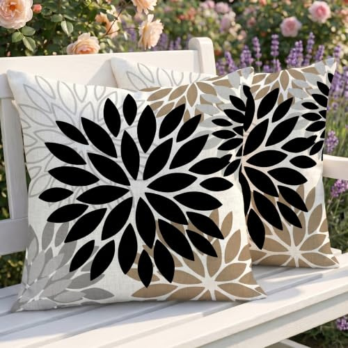 Luzzxfa 2er Set Outdoor Kissenbezug 50x50 cm Wetterfest Dahlien Dekokissen Zweiseitiges Muster Schwarz Blumen Sofakissen Modern Kissen Leinen Kissenbezüge Dekorative für Sofa Garten Balkon Camping