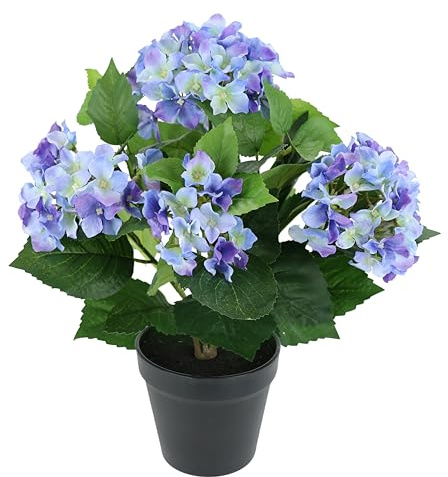 Künstliche Hortensie Blau Violett im Topf – 40cm – Realistische Kunstpflanze – Moderne Deko Blumen für Wohnzimmer, Büro & Tisch – Pflegeleichte Pflanzen