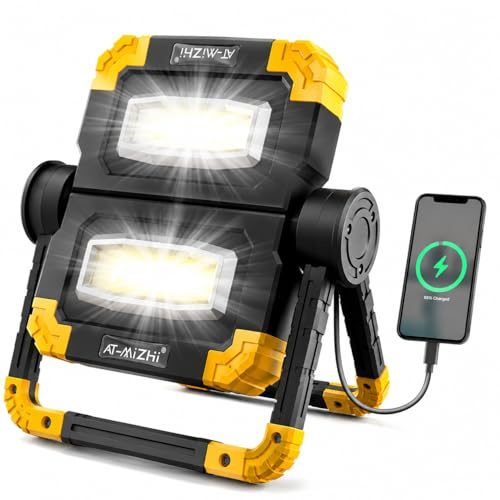 AT Mizhi LED Akku-Baustrahler 2000 Lumen, 360° Drehbar, 5000 mAh, IP65 | Faltbar mit Beidseitigem Licht, 5–8 Std. Laufzeit, Powerbank & Akkuanzeige – für Baustelle, Camping & Notfälle