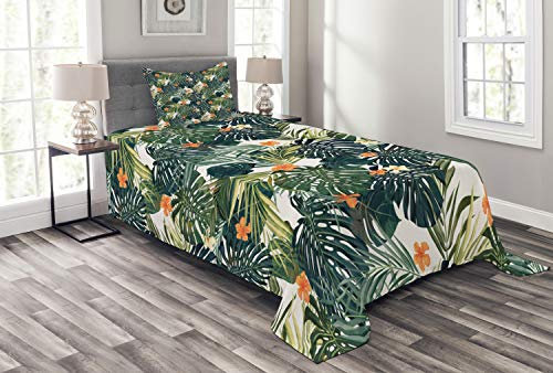 ABAKUHAUS Hawaii Tagesdecke Set, Bunte Polynesien Pflanze, Set mit Kissenbezug Romantischer Stil, für Einzelbetten 170 x 220 cm, Fern Green Jade Grün Orange
