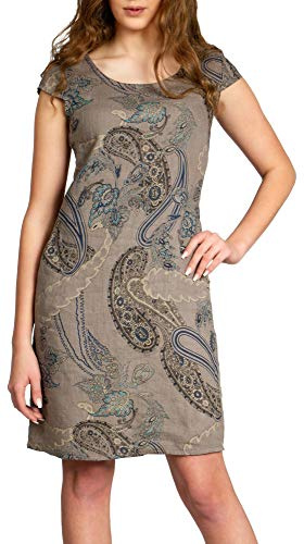 Caspar SKL022 Damen Sommer Leinenkleid mit Paisley Print bis Größe 50, Farbe:Taupe, Größe:XL - DE42 UK14 IT46 ES44 US12