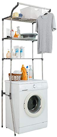Hershii Scaffale per lavanderia a 3 ripiani da posizionare sopra la toilette lavatrice portaoggetti per il bagno organizer verticale per risparmiare spazio scaffale con asta per appendere vestiti
