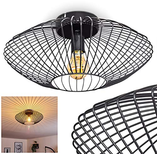 HOFSTEIN Deckenleuchte Wemude, runde Deckenlampe Wohnzimmer - Moderne Lampe aus Metall - Schwarze 1-flammige E27-Fassung mit Gitter-Optik - Retro-Look - Schlafzimmer, Esszimmer, Küche - Ø 40 cm