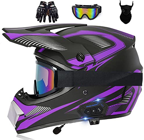 Casco Integrale Motocross Bluetooth Uomo Integrali Downhill Omologato ECE Caschi Set Con Occhiali Maschera Guanti ATV Downhill Endurance Race Casco Moto Cross Per Adulto Donna Purple,L