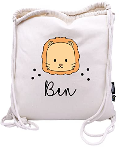 Bio Turnbeutel mit Namen personalisiert & Bedruckt | Motiv Löwe | Stoffbeutel Schuhbeutel Sportbeutel Wäschebeutel Rucksack für Kinder Jungen & Mädchen | inkl. NAMENSDRUCK