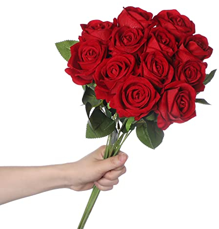 huaao 12 Stück Künstliche Rosen Seide Blumen, Hochzeitsarrangements Seidenrosen Single Stem Realistic Fake Rose Bouquet für Brautstrauss Hochzeitssträuße Dekoration, Rot