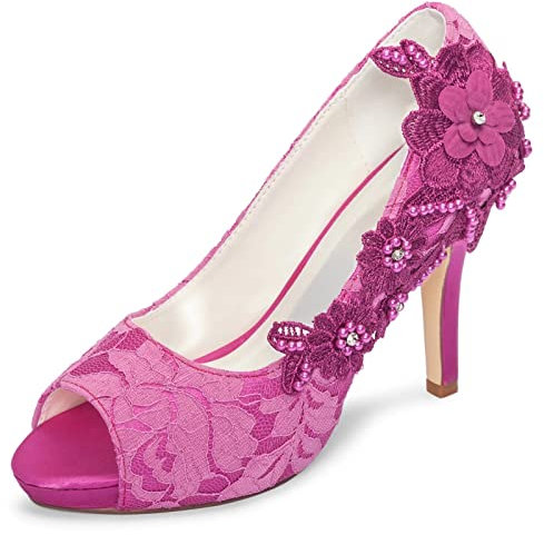 Emily Bridal Scarpe da Sposa con Tacco Alto in Pizzo con Punta Aperta (EU37, Fucsia)