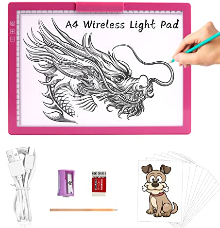 TOHETO A4 Rechargeable Tablette Lumineuse Diamond Painting avec Support Innovant et clip supérieur,Table Lumineuse Dessin, Uminosité Réglable Tableau Tumineux,LED Tables à Dessin Lumineuse(Rose Rouge)