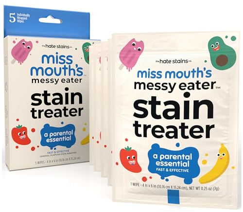 Miss Mouth's Messy Eater Stain Treater Wipes - 5 Pack Stain Remover - Newborn & Baby Essentials - No Dry Cleaning Food, Grease, Coffee Off Laundry, Underwear, Fabric