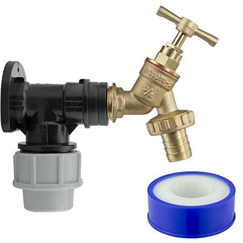 25mm mdpe Water Supply Pipe Compression Backplate/wallplate with Classic Brass bib tap + Hose Barb+PTFE Tape