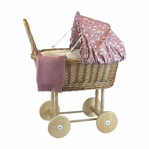 Egmont Toys Kinderwagen aus Holz und Korbgeflecht mit Hasenmotiv