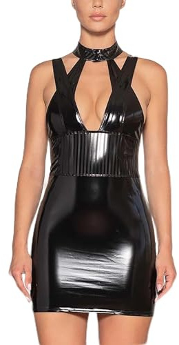 Lackkleid Schwarzes Kleid aus Stretch Lack Damen Minikleid Roxy Schwarz, Farbe:Black, Größe:L