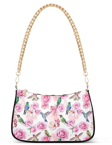 YOUJUNER Umhängetasche Damen Handtasche Rosafarbener Rosen-Kolibri Klein Schultertaschen Tasche Unterarmtasche Clutch Messenger Bag für Frauen